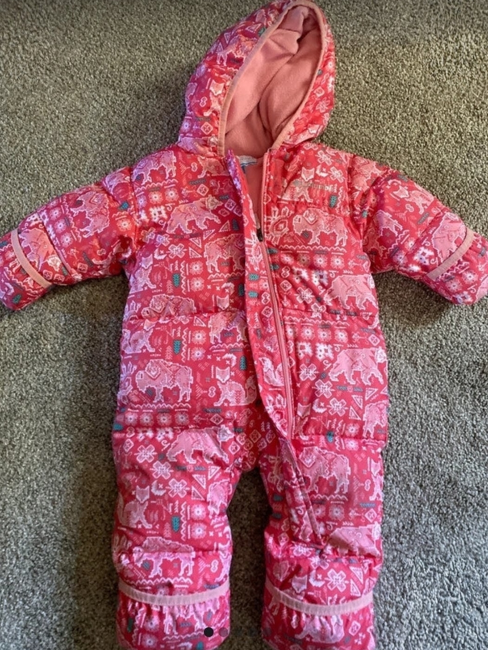 Columbia Baby Girl Bunting Snowsuit 6-12 Months Pink Bear Print Hooded Zip EUC